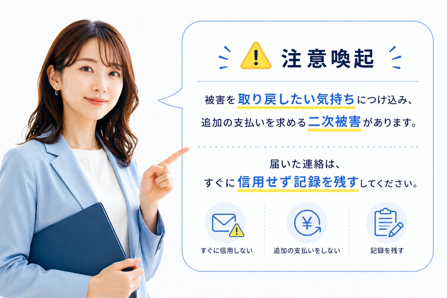 二次被害への注意喚起。届いた連絡をすぐに信用せず、追加の支払いをせず、記録を残すよう案内する図